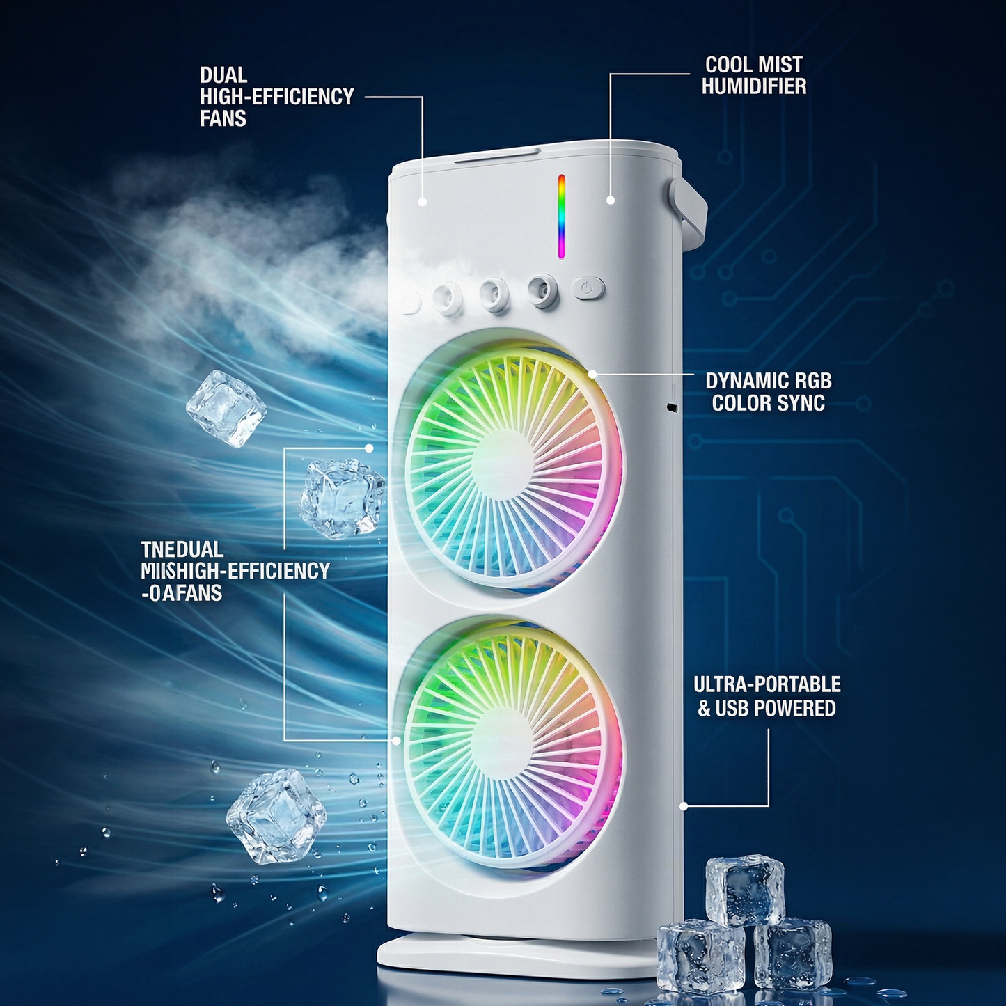 MistyFlow™ Dual Fan RGB Portable Air Cooler with Mist Humidifier